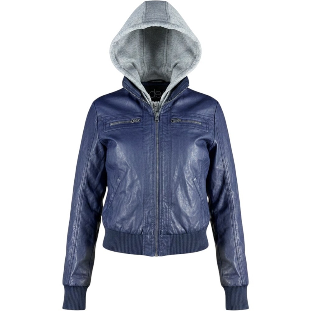 Deb Faux Leather Bomber Jacket Layered Hoodie Navy Blue Large Womens 1650